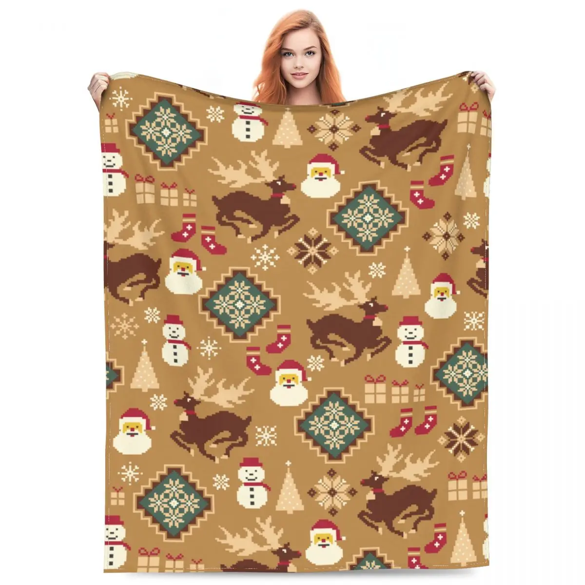 

Traditional Nordic Christmas Reindeer Santa Claus Blanket Sofa Decorative Retro Xmas Throws And Blankets Thin Coral Fleece Plush