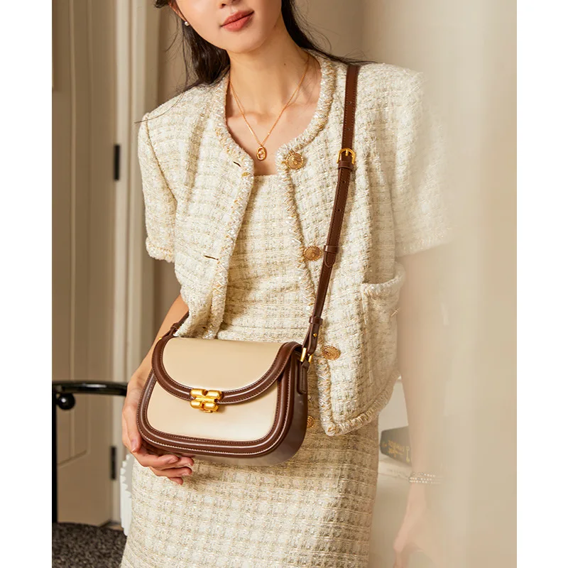 ZR DIARY Contrast Color Saddle Bag for Women's Split Leather Shoulder Bag New Exquisite Lock Buckle Underarm Crossbody Bag 9251