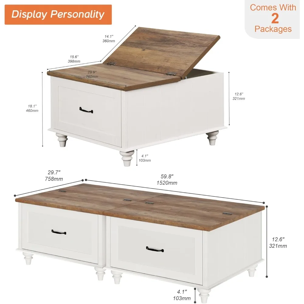 Farmhouse coffee table, square with adjustable top and living room drawers, wooden center table for home and office 2