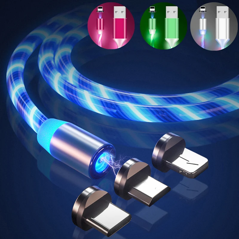 

3A Glowing Cable Micro USB Type C Cable Fast Charging Car Flowing Light Magnetic USB Streamer Charger Line For iPhone Huawei