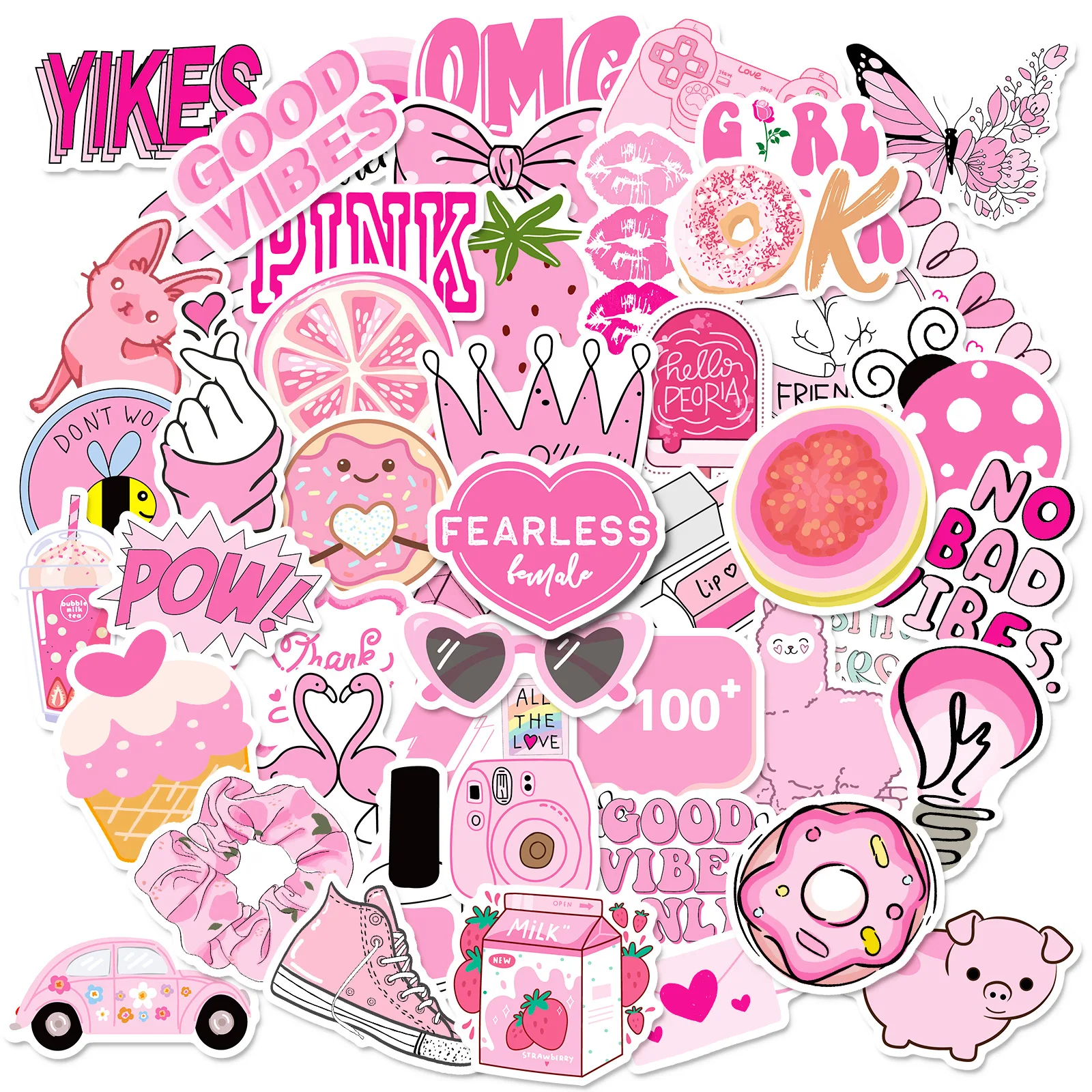 10/30/50Pcs Cartoon Pink Waterproof Graffiti Sticker Aesthetic Decorative Luggage Laptop Phone Diary Scrapbook Kids Stickers