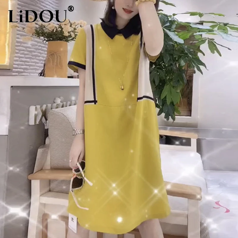 

Summer Elegant Fashion Patchwork Knitted Robe Femme Short Sleeve Loose Casual Knee Length A-line Dress Women Temperament Vestido