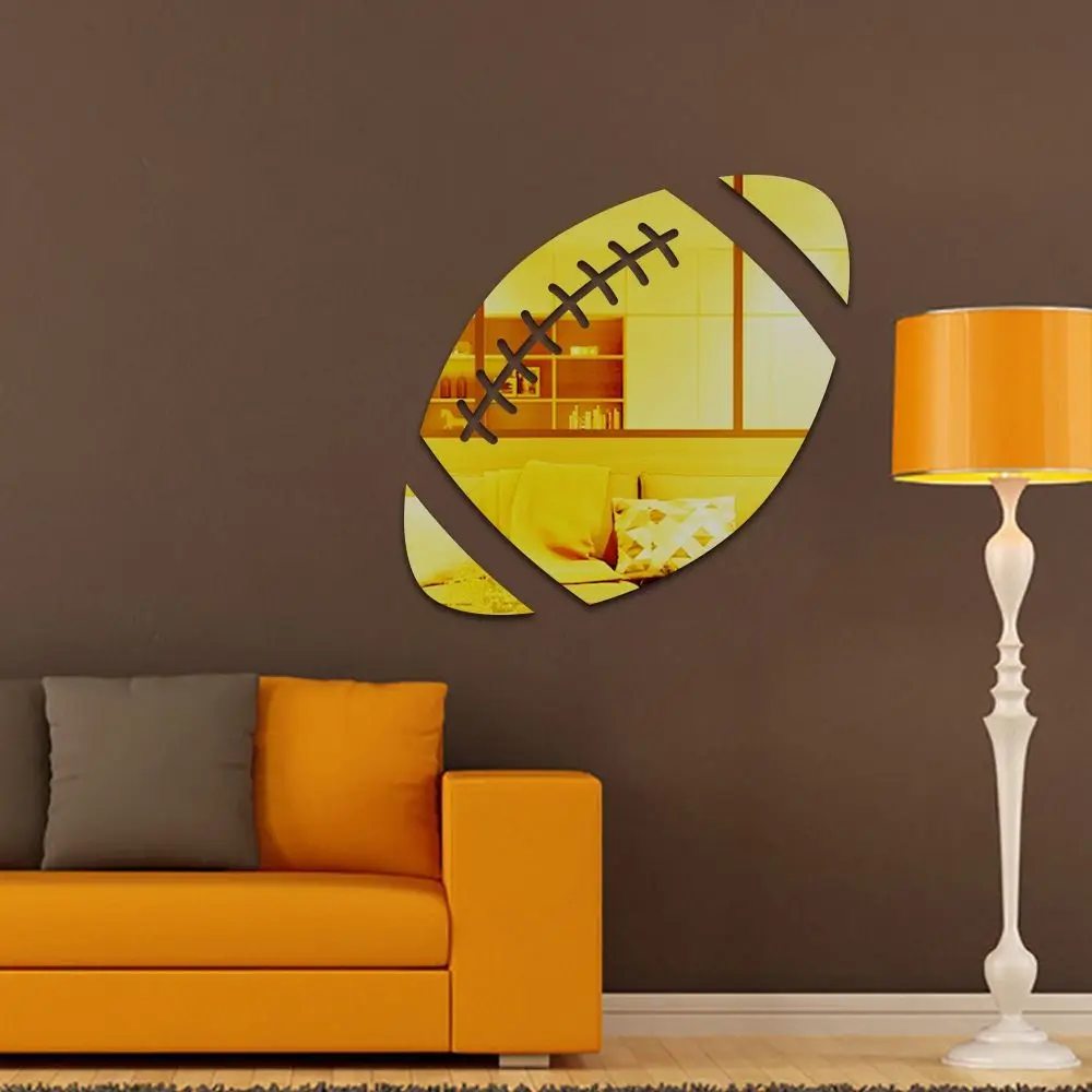Modern Style 3D Basketball/Football/Rugby Shaped Mirror Wall Sticker Gold/Silver/Black Wall Art Waterproof PVC Mirror Decal 1Set