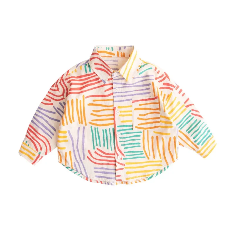 Boys Long Sleeve Striped Loose Shirt Jacket Autumn Spring Fashionable Children's Clothing Korean Version AE Stock