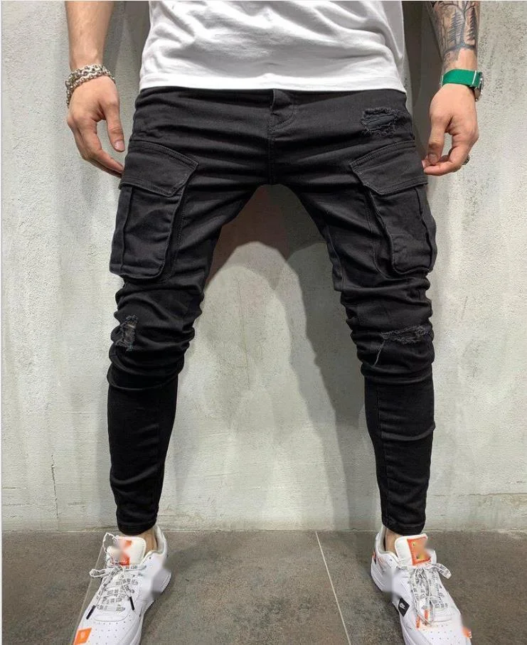 Stor mengderabat, flere lommer med hull, elastiske jeans med små ben, høykvalitets denimbukser til arbeidsklær for menn_voghion.com