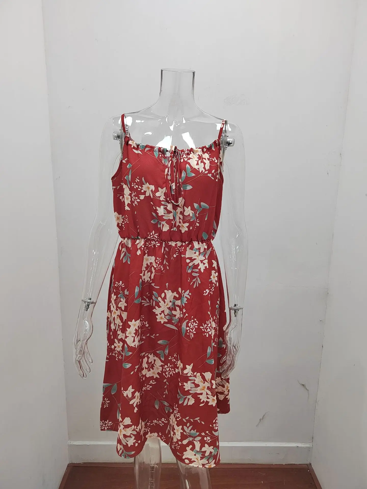 Sd589a108c7bb440e9cc043fa9e639ae4i European and American New Summer Elegant Sleeveless Dress Pullover Print Elastic Waist Strap Short Skirt for Women Mallzona