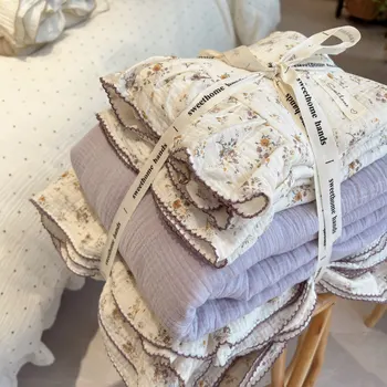 4pcs Ins Princess Ruffle Bedding Set Vintage Floral Muslin Gauze Cotton Girls Kids Bed Linen Duvet Cover Flat Sheet Pillowcases 1