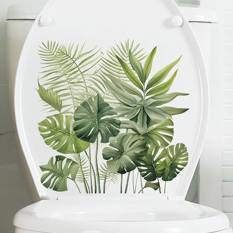 Vinyl stickers toilet stickers toilet wall stickers tropical green plant turtle back leaf wall sticker bathroom toilet decor living room cabinet home decoration decals beautify