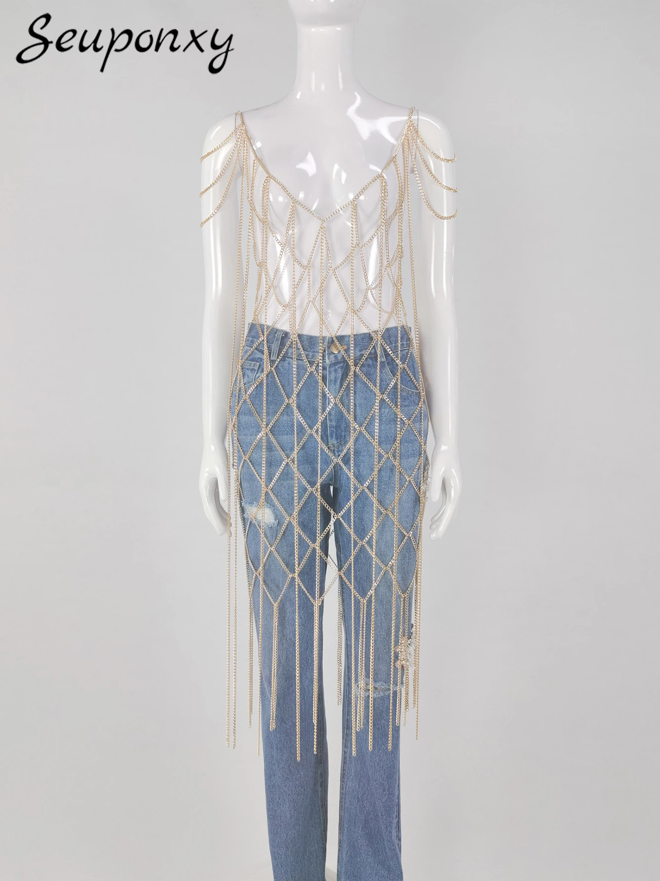 

Женское ажурное платье с открытой спиной, элегантное вечернее платье знаменитости с V-образным вырезом, бахромой и цепочкой, лето 2023