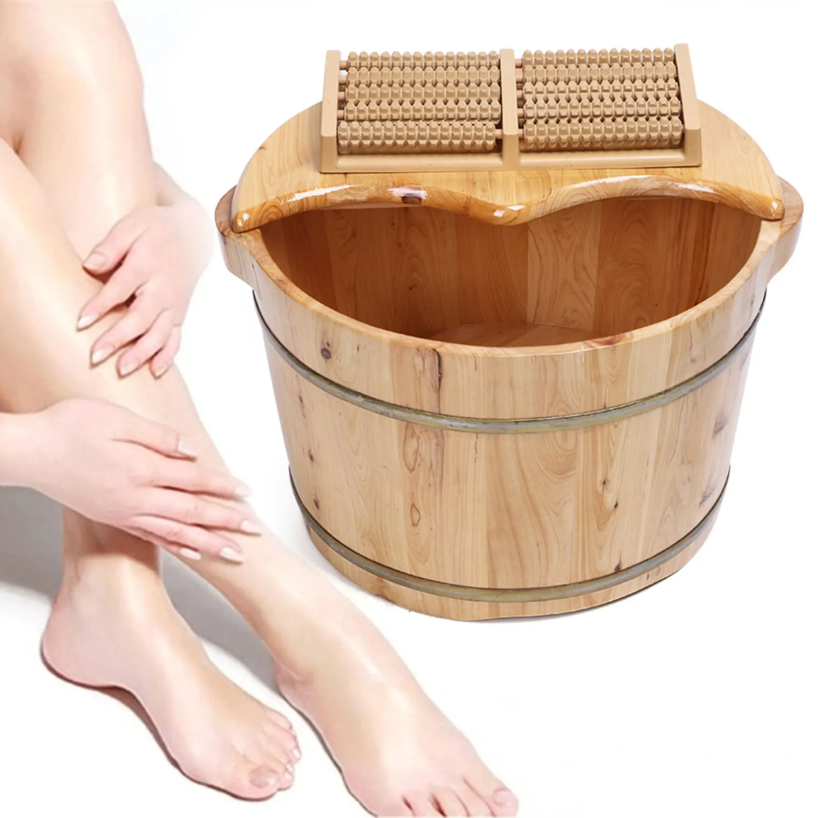 Wooden Health Foot Bath Basin Massage Cedar Wood Pedicure Foot Spa with Shiatsu Massage Rollers for Relaxation Heat Retention
