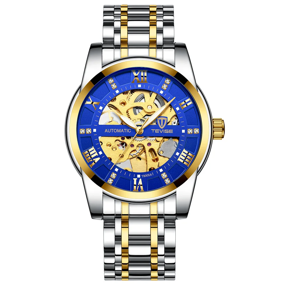 Luxury Automatic Men's Watch with Black Gold Skeleton Design and Diamond Dial
