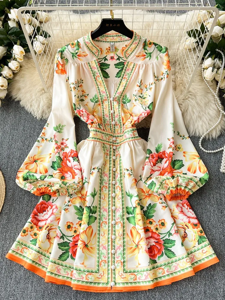 

2024 New Vintage Women Short Party Dress Female Palace Attire V Neck Long Sleeve Printed Dresses Woman Elegant Holiday Vestidos