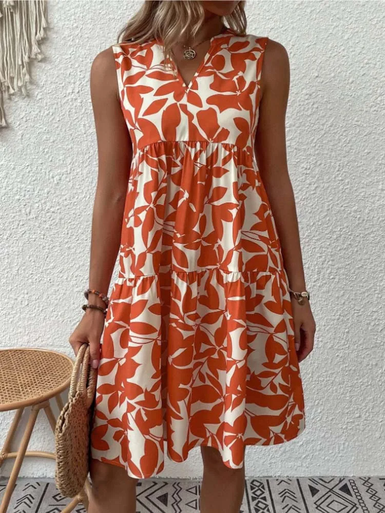 

Women Summer Print V Neck Ruffles Dress Loose Casual Beach Sleeveless Pleated Holiday Party Sundress Elegant Female Vestidos