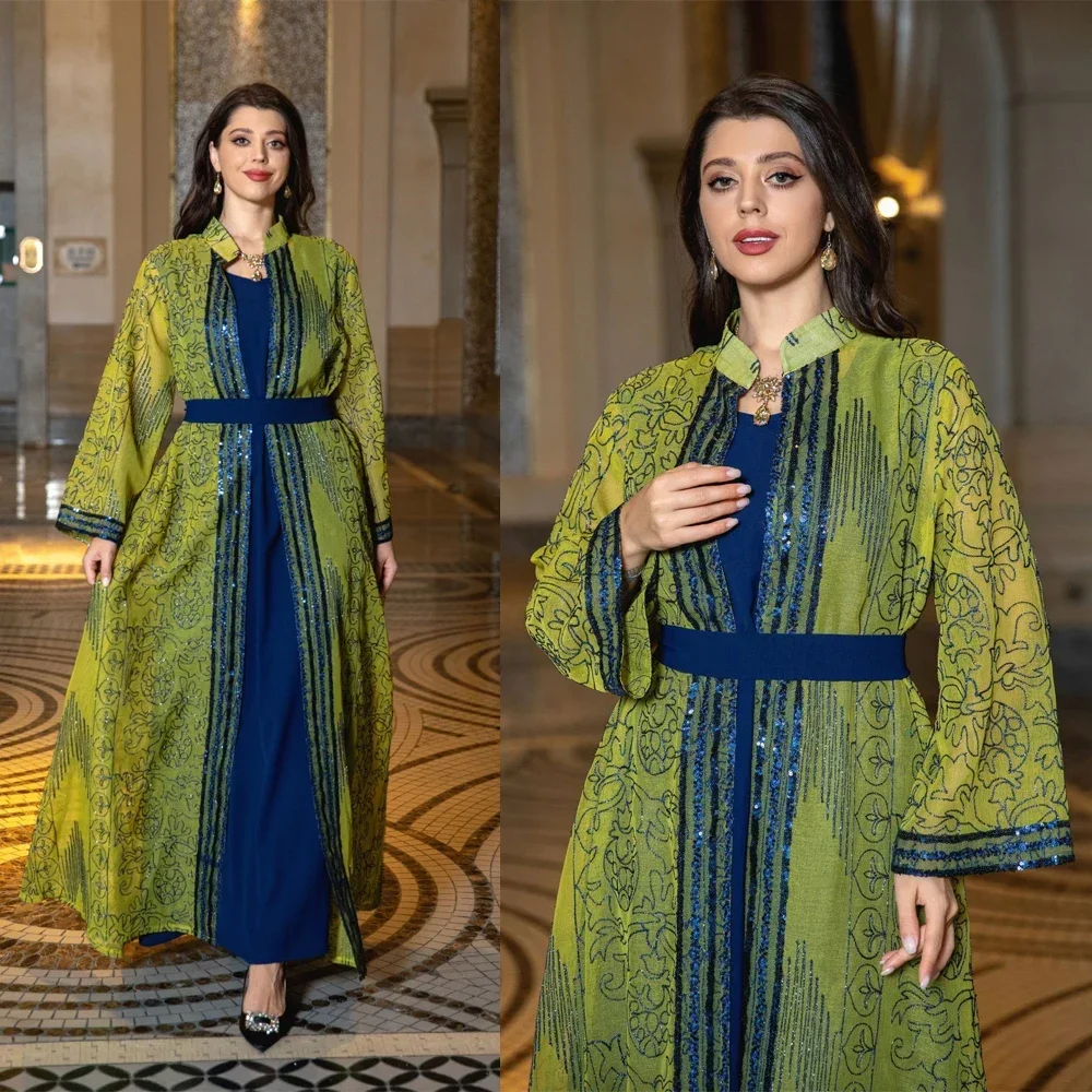 

2pcs Set Open Abaya Belted Dress Muslim Women Sequins Floral Embroidery Kimono Sleeveless Inner Bottom Skirt Kaftan Robe Gown