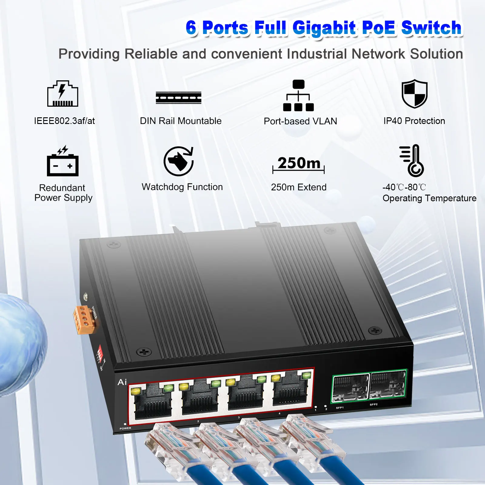 Ienron průmyslový POE spínač gigabit spínač ethernetový s 6 100/1000mbps levý bok lodi base-t DIN IP40 průmyslový sit' spínač DC44-55V