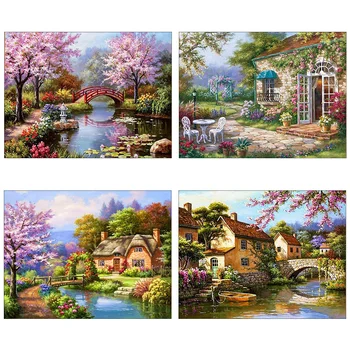 Meian paysage point de croix Kits maisons de dessins animés ruisseau cerisier rêve décor à la maison peinture broderie ensemble DMC toile imprimée 1