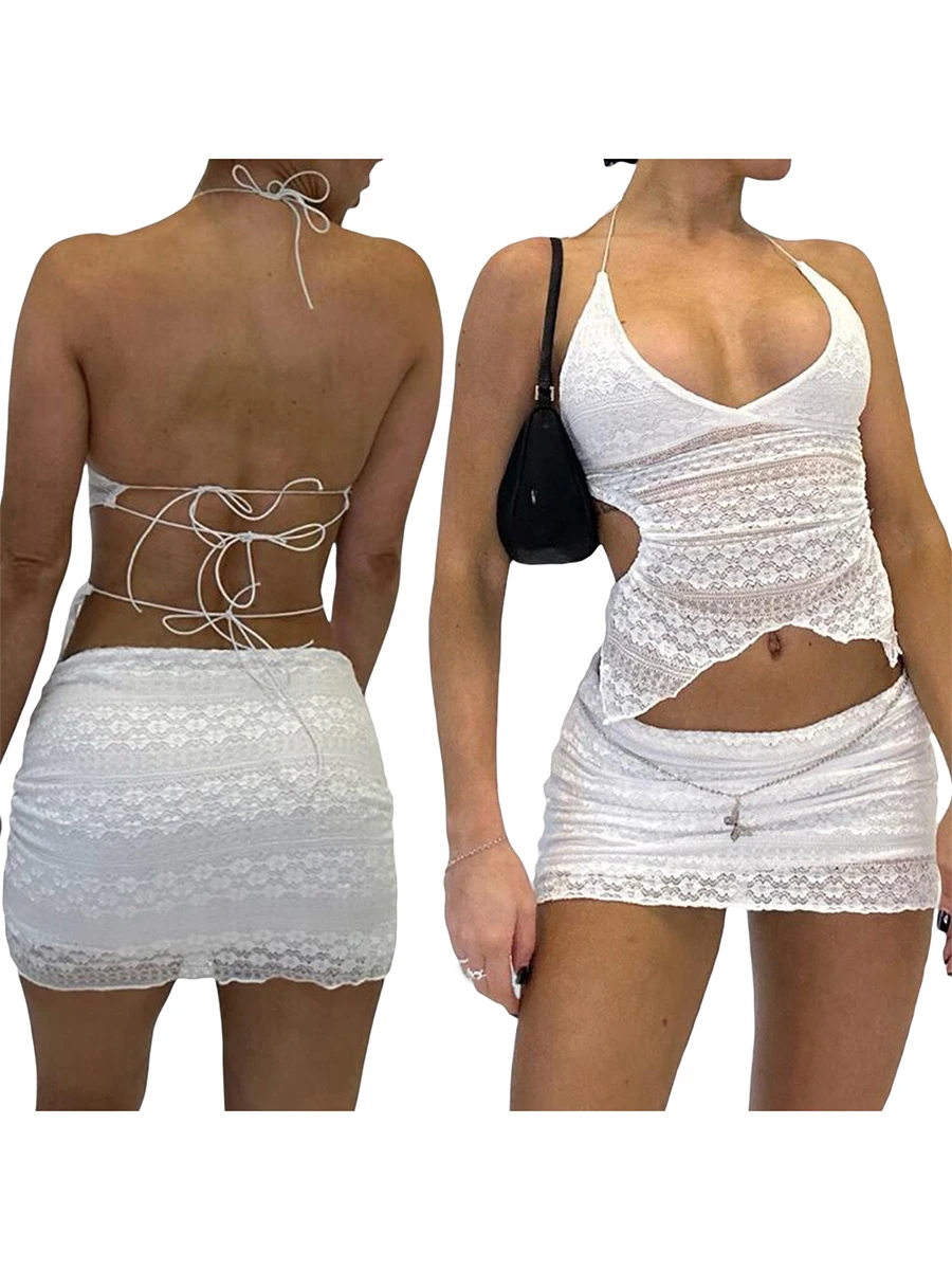 

Boho Chic 2 Piece Set Off Shoulder Crop Top and Crochet Knit Mini Skirt for Women s Summer Outfits with Hollow Out Details and