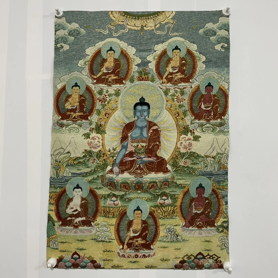 

35"Thangka Embroidery Tibetan Buddhism silk Embroidery Medicine Buddha Bhaisajyaguru Thangka hanging screen Town house Exorcism