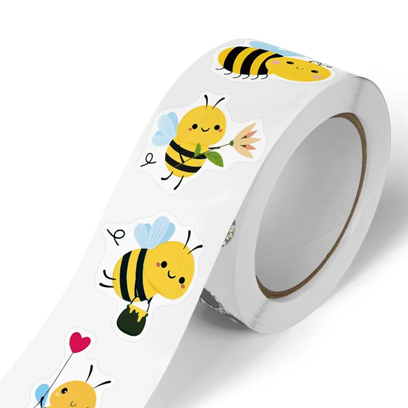 AEF7-꿀벌 스티커 롤 - 크리스마스 호의, 사무용품 및 공예품을 위한 500개 귀여운 꿀벌 유치원 스티커