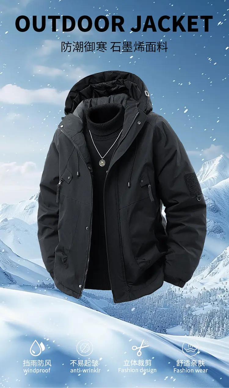 Lässige, mit Kapuze, mit Baumwolle gefütterte Jacken, 2025, Winter, Outdoor, Herren, verdickte Parkas, einfarbig, winddicht, warme Mäntel, Top-Kleidung – Detail 1