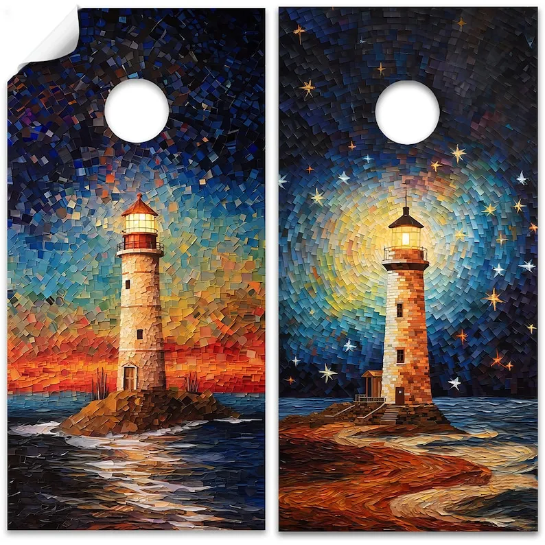 

Cornhole Board Wraps and Decals for Boards Set of 2 Skins Professional Vinyl Covers Sticker -Post It Style Lighthouses Art Decal