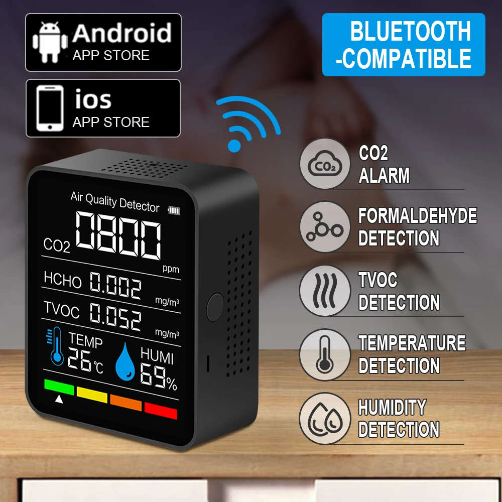 With Bluetooth 5 in1 CO2 Meter Digital Temperature Humidity Tester Carbon Dioxide TVOC HCHO Detector Air Quality Monitor 2