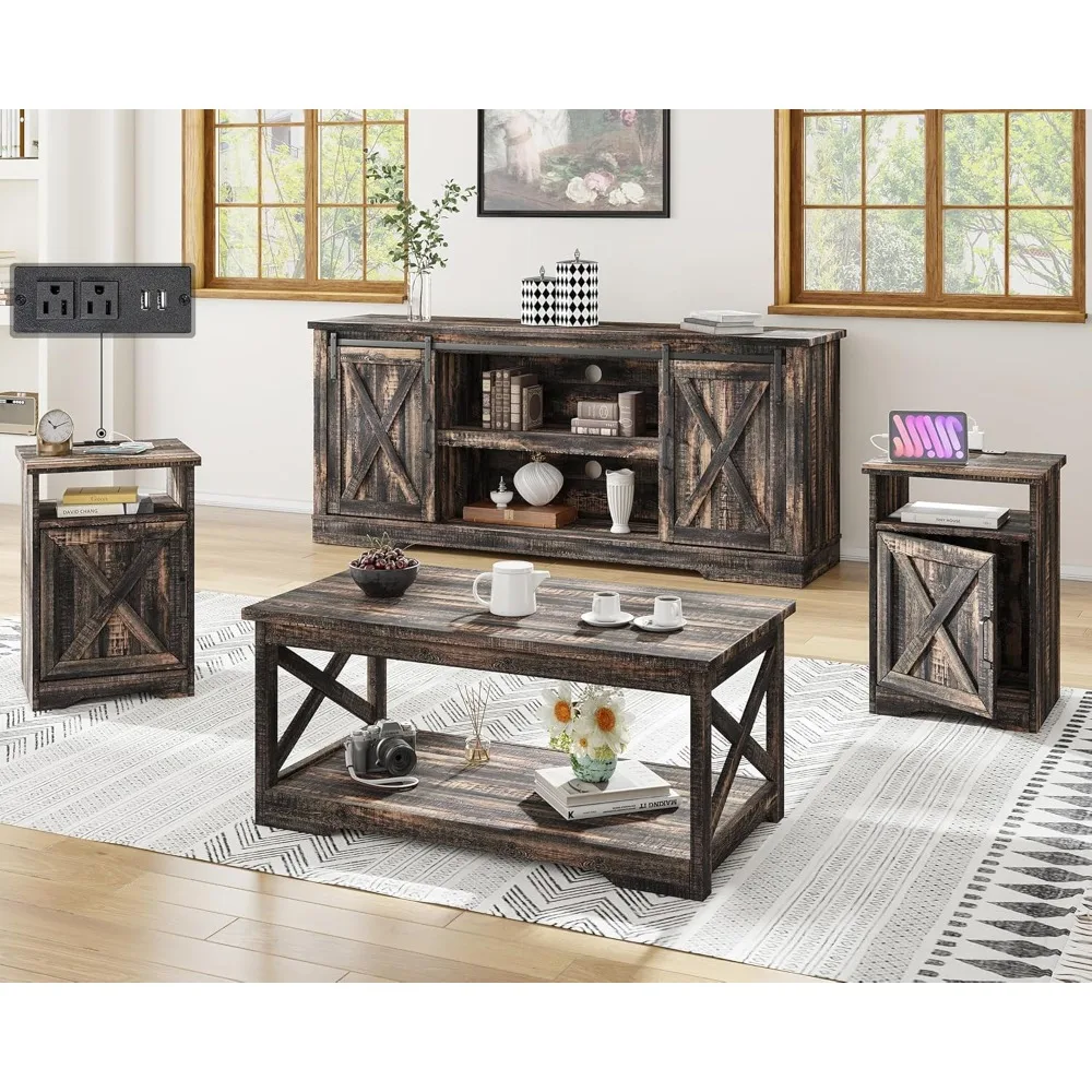 4-Piece Farmhouse Table Set,Coffee Table& Two End Tables,Side Table with Charging Station and USB Ports 3