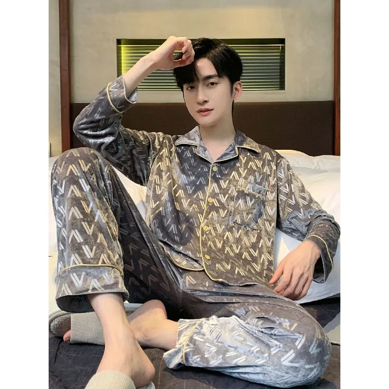 2024 New Gold Velvet Men's Pajamas Autumn Winter Long Sleeves Long Pants Loungewear Light Luxury Homewear Suit V-neck Sleepwear