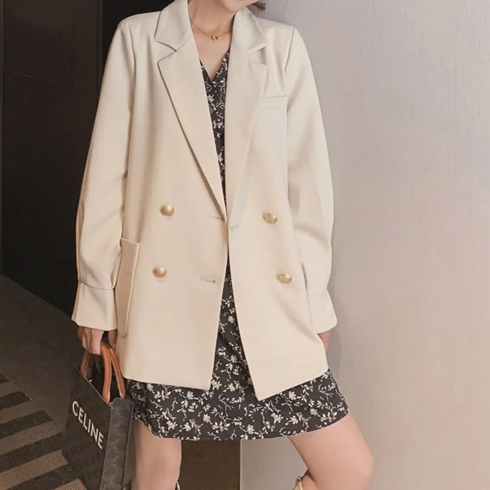 Beige Blazers Female Spring And Autumn Korean Temperament Retro Duble Breasted Loose Suit Jacket Fashion Casual Mid-Length Coat