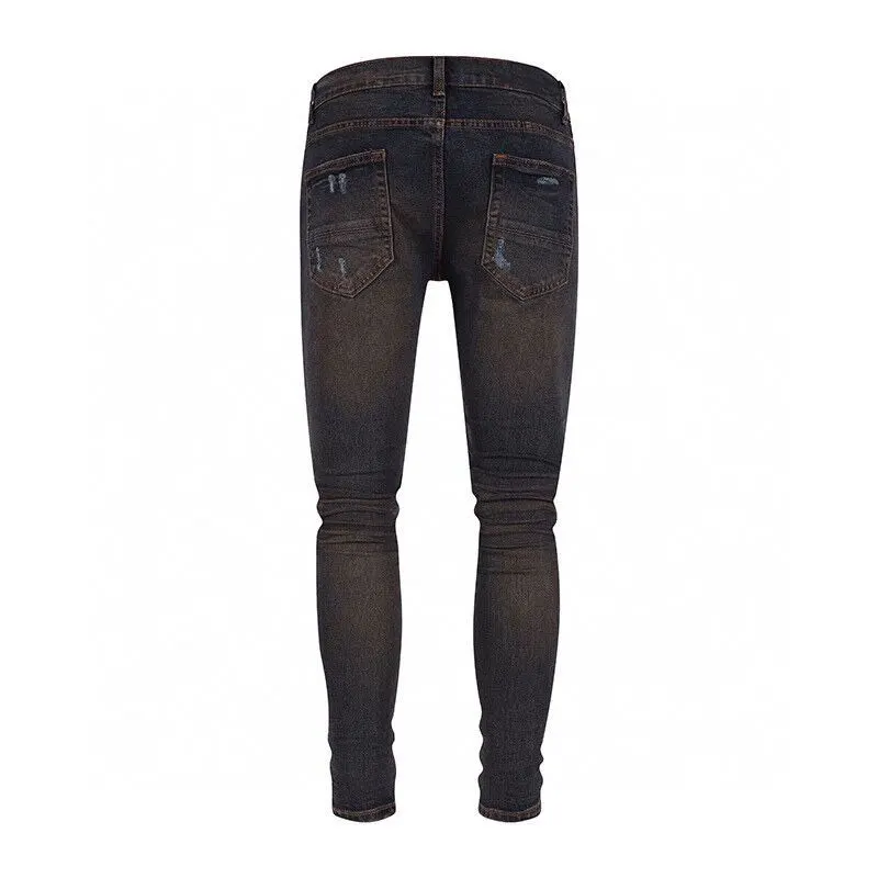 High Street Fashion Men Jeans Retro Washed Stretch Skinny Fit Ripped Jeans Men Leather Patched Designer Hip Hop Brand Pants