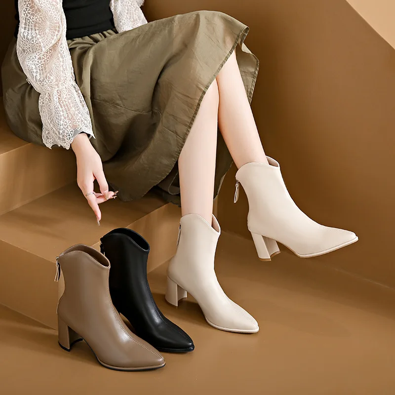 2023 New Trend Winter High Heels Ankle Chelsea Boots Women Goth Fashion Pointed Toe Chunky Shoes Dress Punk Casual Women Boots