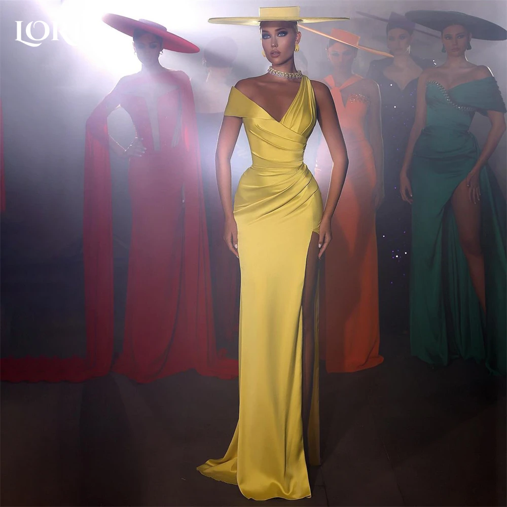 

LORIE Yellow Satin Mermaid Evening Dresses Pleated Off Shoulder V-Neck Prom Dress Bodycon High Side Slit Celebrity Party Gowns