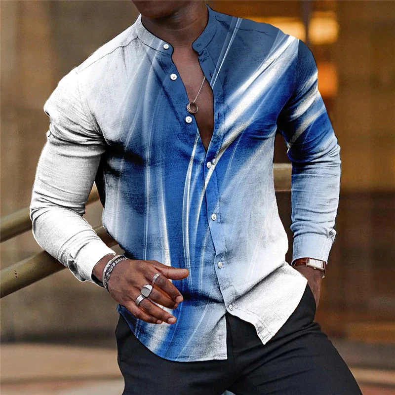 

Men's shirt button-up shirt casual shirt summer shirt line burgundy long-sleeved stand collar daily resort clothing apparel 6XL