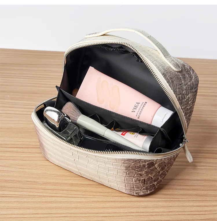 Kosmetiktasche aus echtem Leder, Krokodilprägung, Rindsleder, Reise-Kulturbeutel, großes Fassungsvermögen, Organizer mit breiter Öffnung, modisch – Detail 17