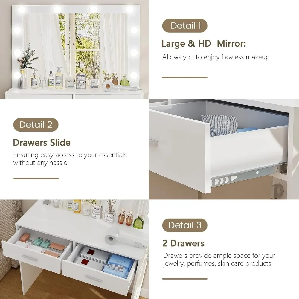 Makeup Vanity Lights Drawers Power Strip Dressing Vanity Tables for Women Girls Bedroom