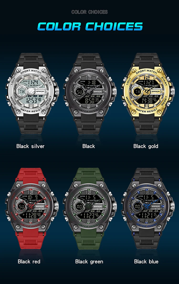 SANDA New Fashion Military Sports Watch Dual Display LED Date Digital Watches Waterproof Men's Quartz Watch Relogio Masculino