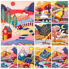 Cartoon Cute Colored Landscape 5D Diy Diamond Painting Tree House Mountain Moon Mosaic Picture with Rhinestone Cross Stitch Kit