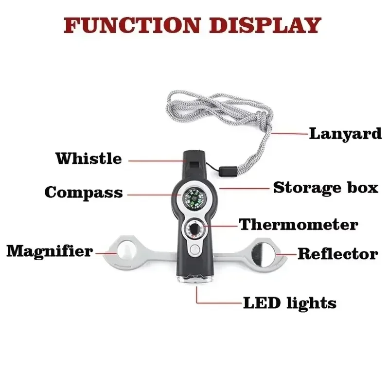 NEW 1PC 7 in 1 Survival Whistle High Decibel Rescue Whistle with LED Light Thermometer Compass Survival Reflective Signal Mirror 2
