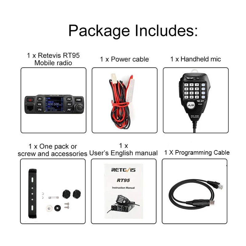 Retevis RT95 Mobile Ham Radio Two-way Car Radio with LCD Screen VHF UHF Dual Band Mobile Radio Station Transceiver Base Station 6