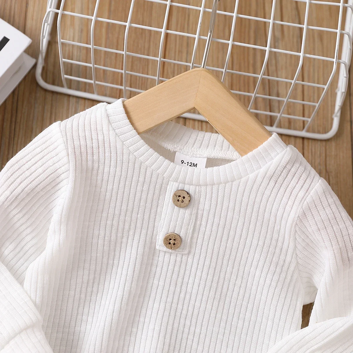 Baby Boy/Girl Button Design Solid Ribbed Knitted Long-sleeve Pullover Top For Outings Daily Wear Basic Style