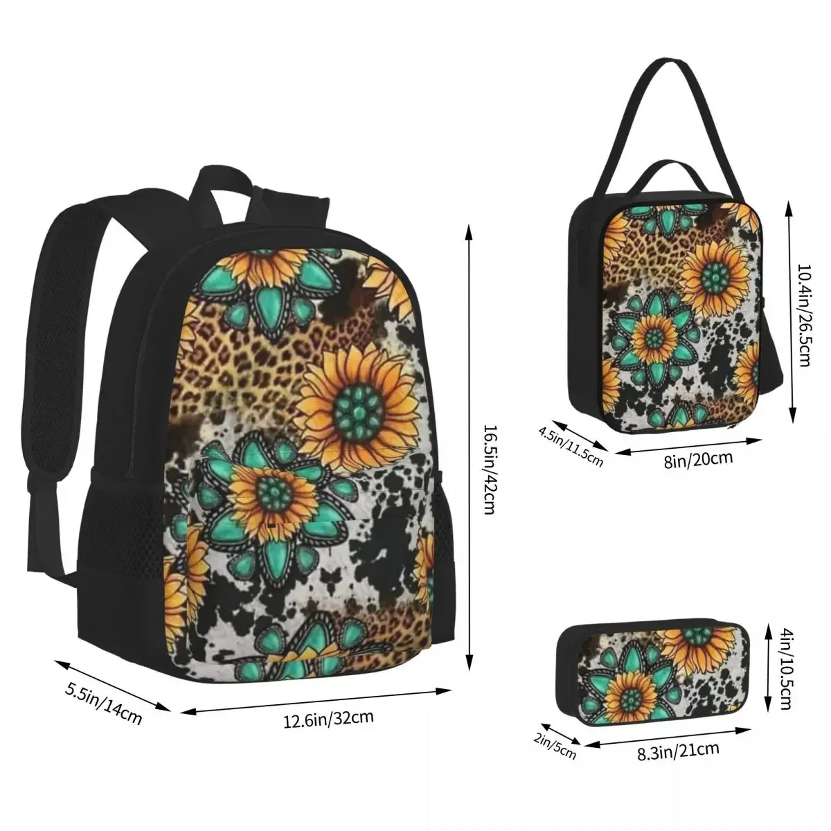 

Sunflower Turquoise Cow Print Backpacks Boys Bookbag Children School Bags Cartoon Kid Rucksack Lunch Bag Pen Bag Three-Piece Set