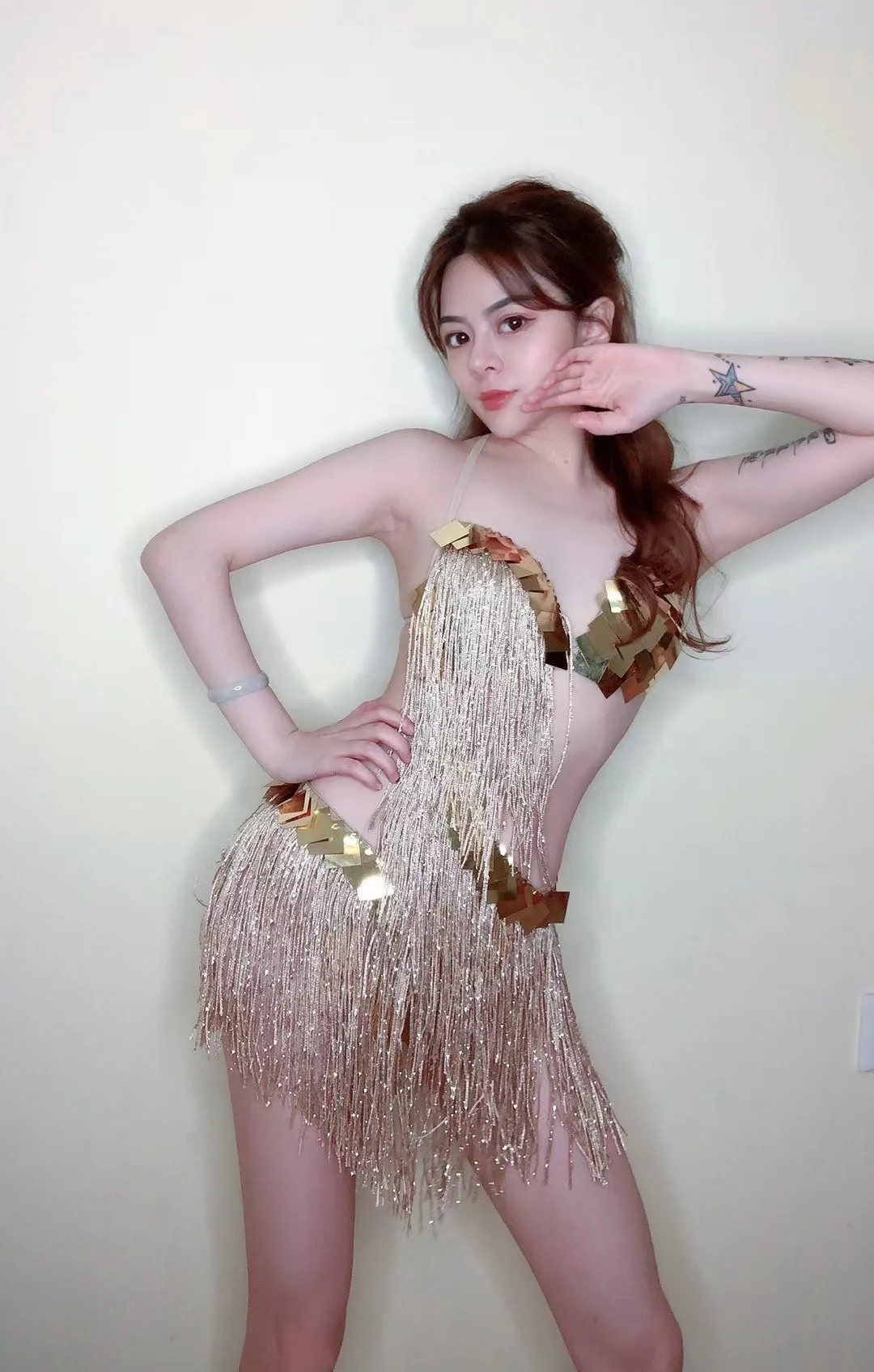 

New Sexy Gold Fringes Mirrors Bikini Dress Birthday Celebrate Prom Party Show Wear Women Dancer Show Club Outfit Latin Dance