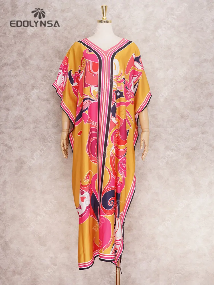 Long Kaftan Bohemian Printed Bikini Cover-ups Sexy V-neck Half Sleeve Maxi Dress Tunic Women Beach Wear Swim Suit Cover Up Q1333 5