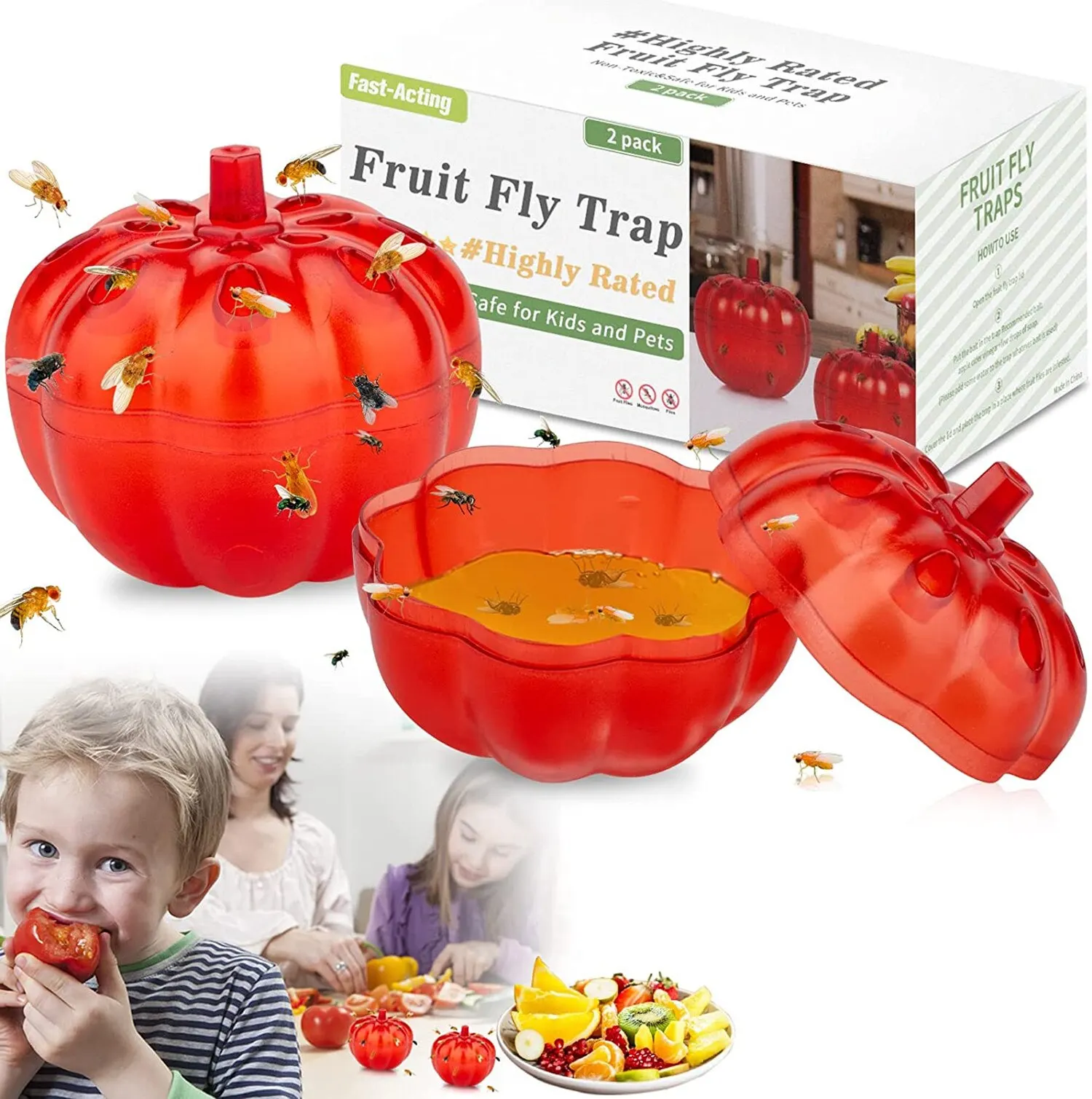 Fruit Fly Trap 2Pcs/Set Pumpkin Shape for Home Kitchen Non-Toxic Gnat Killer Fly Catcher Pest Insect Control