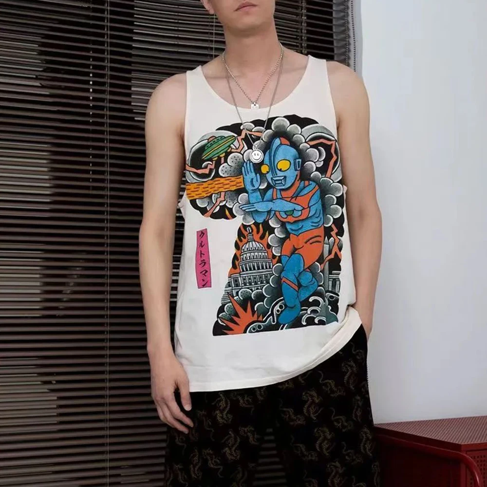 

2023 New Men's Street Hip Hop Cotton Casual T-Shirt Ultraman Monster UFO Abstract Print Graffiti Men's Tops Breathable Vest