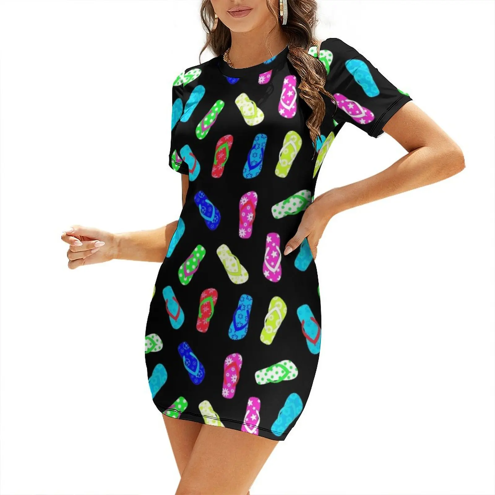 

Colorful Flip Flop Sandals Black Short Sleeved Dress summer dresses women 2024 bandage dress