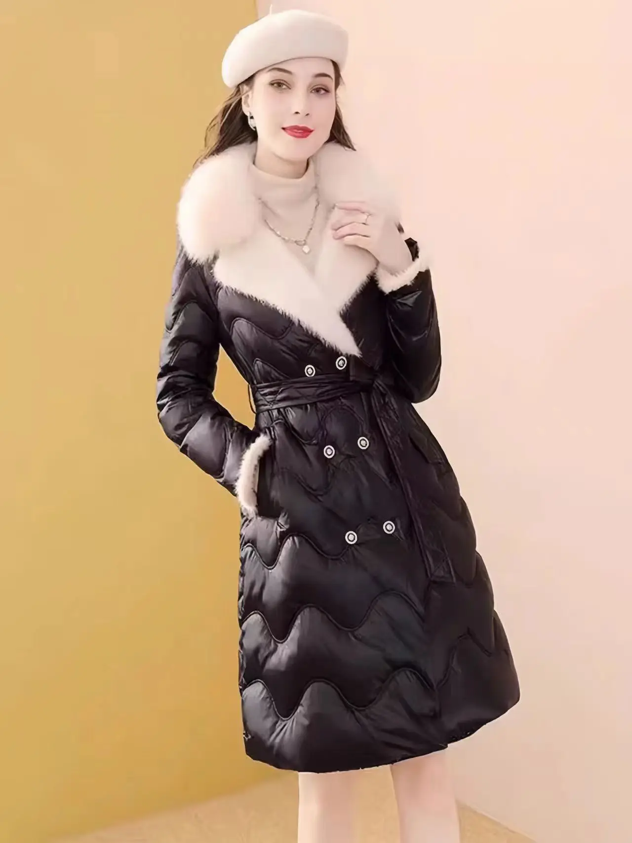 Fox Collar Down Jacket, Slim Waist, Warm and Thick Mid Length, 90 White Duck Down Jacket, Women's Winter New 2024