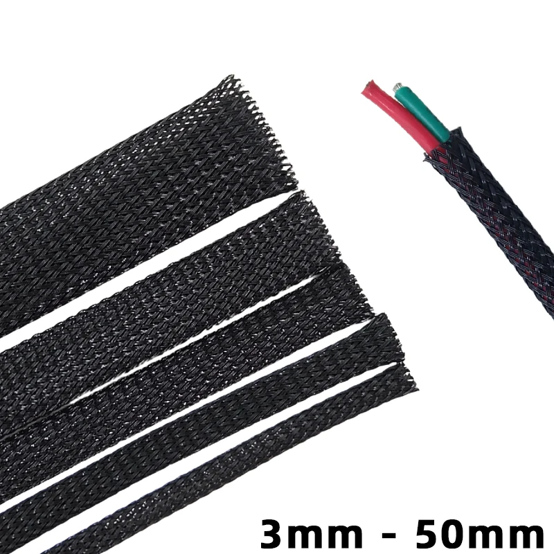 ปลอกหุ้มสายไฟแบบถัก ขนาด 3 4 5 6 8 10 12 14 16 18 20 22 25 30 35 40 มม. วัสดุ PET ขยายได้ ฉนวนกันความร้อน ปลอกไนลอน สีดำ 1