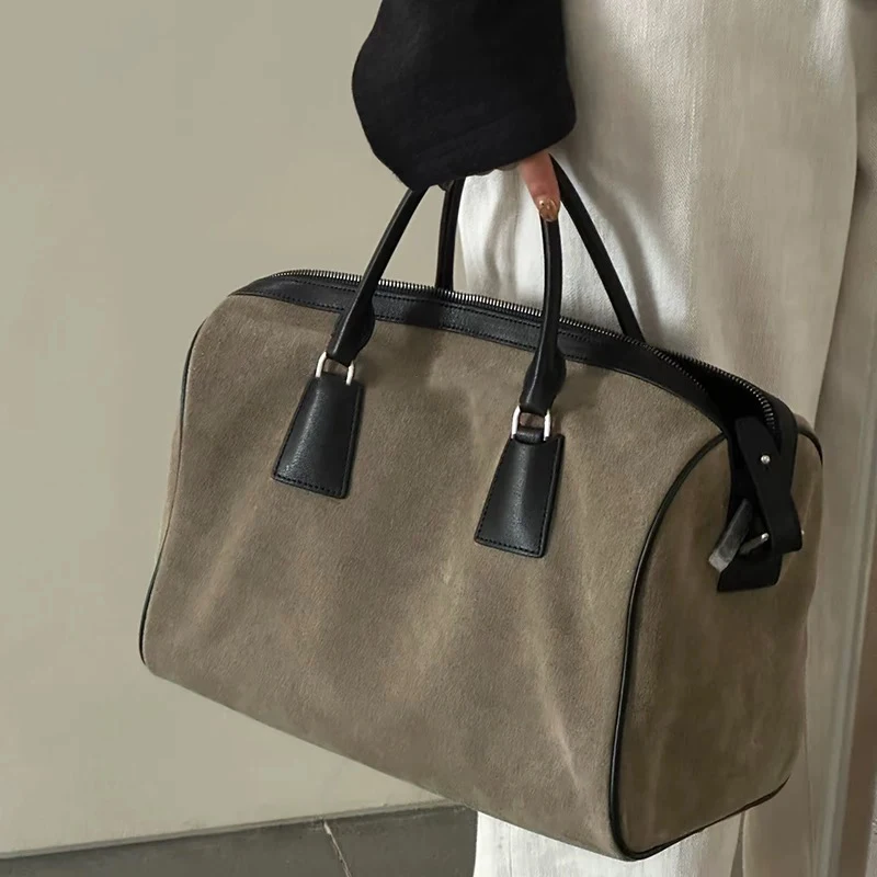2025 New Retro Matte Faux Suede Boston Handbag Large Capacity Single-shoulder Bag Women's Daily Commuter Tote Bag Autumn Winter