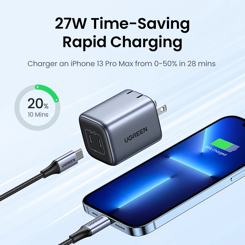 UGREEN – chargeur rapide prise US 45W GaN USB PD QC 3.0, charge